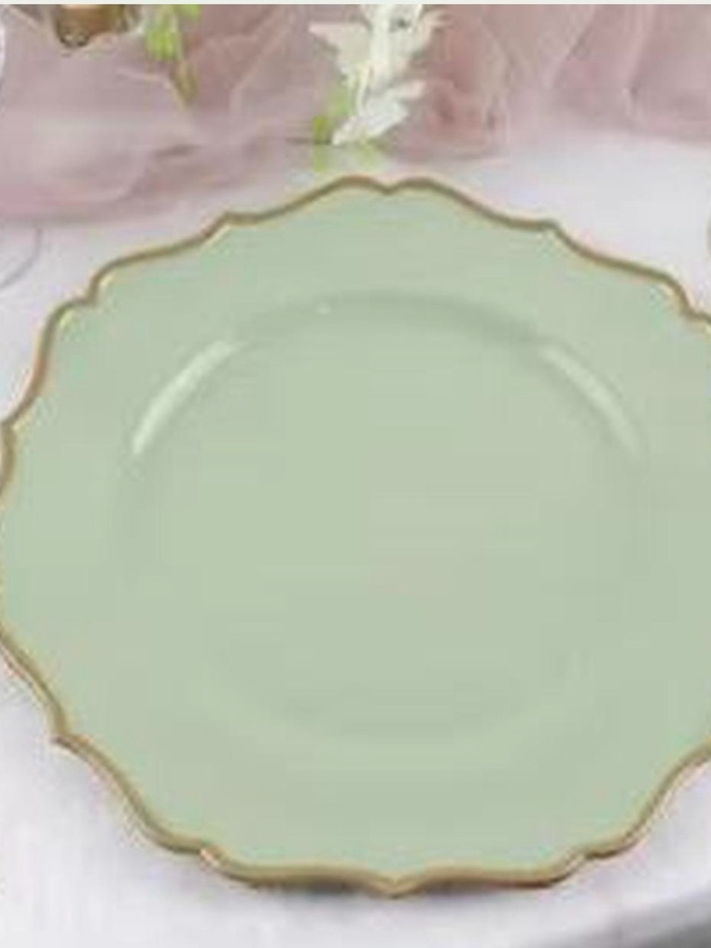 Elegant Scalloped Dinner Plate in Sage Green with Gold Rim